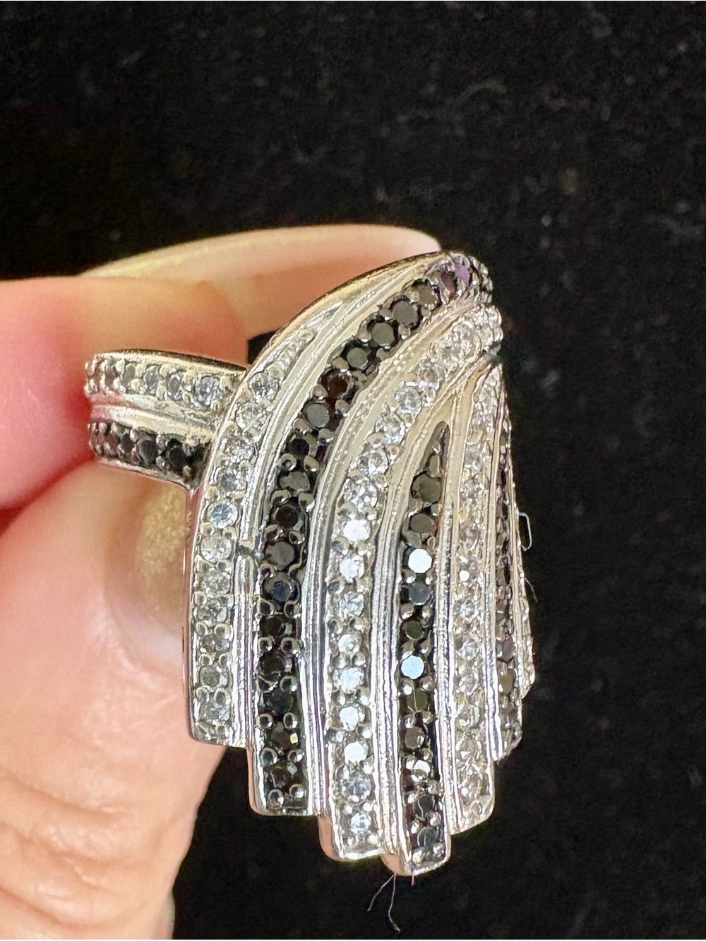 LARGE GENUINE 2 CT Black White Diamond
Ring Art Deco Sz 7 Sterling S 18k Gold P